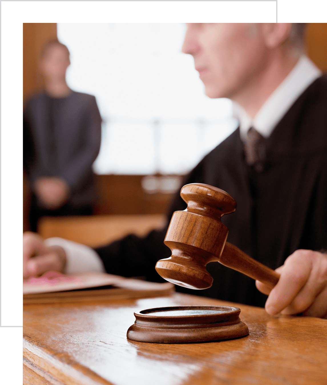 Close-up of gavel on judge's bench